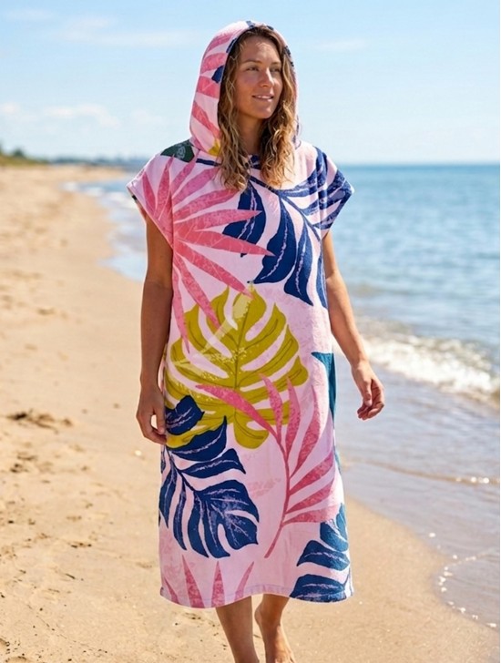 Tropical Leaves Print Hoodie Robe
